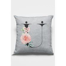 RugViva 43 x 43 cm Gri Çift Taraflı Premium Tay Tüyü Döşemelik Kumaş Dekoratif Ü Harfli Kırlent Kılıfı KRL586