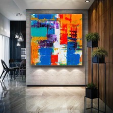 SML Tablo Turuncu Mavi Cyan Rastgele Fırça Izleri Dekoratif Kanvas Tablo