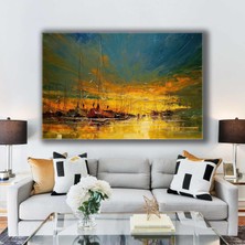 SML Tablo Akşamüstü Balık Tekneleri ve Martılar Yağlı Boya Kanvas Tablo