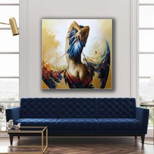 SML Tablo Mavi Kuş Tüyü Saçlı Sırtı Dönük Çıplak Kadın Kanvas Tablo