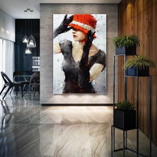 SML Tablo Kırmızı Şapkalı Siyah Eldivenli Siyah Elbiseli Gizemli Kadın Yağlı Boya Kanvas Tablo