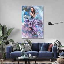 SML Tablo Mor Fırfırlı Altın Sarısı Detaylı Abiye Elbise Giyen Dans Eden Kadın Moda Kanvas Tablo