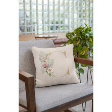 RugViva 43 x 43 cm Bej Tay Tüyü Döşemelik Premium Kumaş Dekoratif Çift Taraflı C Harfli Kırlent Kılıfı KRL533