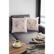 RugViva 43 x 43 cm Bej Tay Tüyü Döşemelik Premium Kumaş Dekoratif Çift Taraflı C Harfli Kırlent Kılıfı KRL533