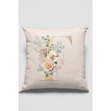 RugViva 43 x 43 cm Bej Premium Kumaş Tay Tüyü Döşemelik Dekoratif Çift Taraflı F Harfli Kırlent Kılıfı KRL537