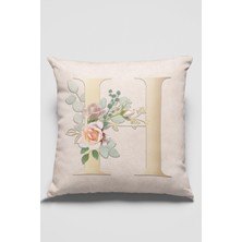 RugViva 43 x 43 cm Bej Çift Taraflı Tay Tüyü Döşemelik Premium Kumaş Dekoratif H Harfli Kırlent Kılıfı KRL539