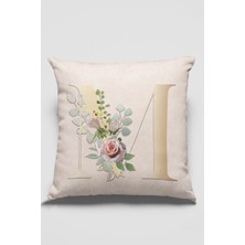 RugViva 43 x 43 cm Bej Premium Kumaş Tay Tüyü Döşemelik Dekoratif Çift Taraflı M Harfli Kırlent Kılıfı KRL545