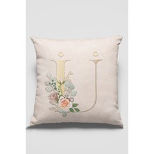 RugViva 43 x 43 cm Bej Çift Taraflı Premium Tay Tüyü Döşemelik Kumaş Dekoratif Ü Harfli Kırlent Kılıfı KRL555