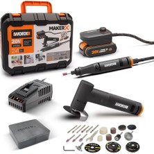 Worx WX990 Makerx 20VOLT 2.0AH. Kömürsüz Profesyonel Kalem Tipi Devir Ayarlı Gravür + 50MM Açılı Avuç Taşlama Kombo Set + 39 Parça Aksesuar