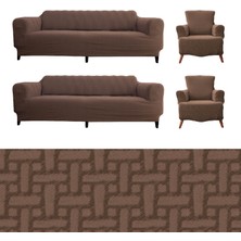 Faiend Streç Lastikli  Yıkanabilir Pamuklu 3+3+1+1 Tuğla Desen Jakarlı  Koltuk Örtüsü Takımı Koltuk Kılıfı