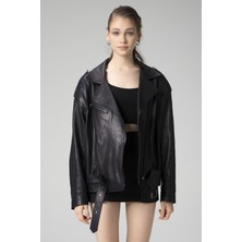 Dericlub WM031 Jumbo Oversize Biker Gerçek Deri Kadın Mont