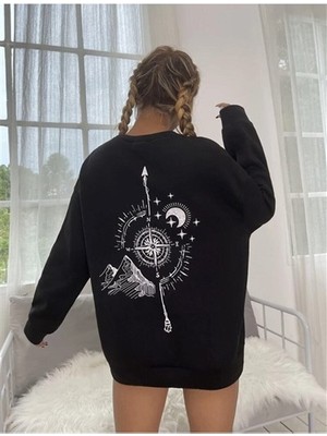 Dream Butik Oversize Siyah Pusula Sırt Baskılı Sweatshirt