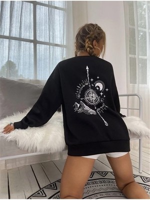 Dream Butik Oversize Siyah Pusula Sırt Baskılı Sweatshirt