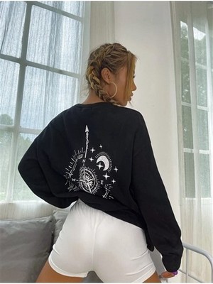 Dream Butik Oversize Siyah Pusula Sırt Baskılı Sweatshirt