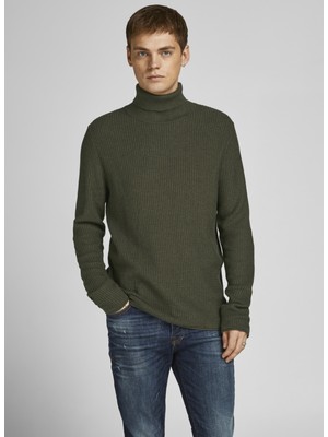 Jack & Jones Balikçi Yaka Düz Haki Erkek Kazak 12199940_JPRBLUCARLOS Knit Roll Nec