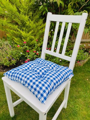 Tropik Home Ekose Mavi Renk Pamuklu Kumaş Pofidik Kare Dekoratif Sandalye Minderi 35X35 cm
