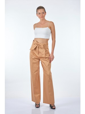 Naar Kemer Detaylı Bol Paça Yüksel Bel Camel Kadın Pantolon 22251201
