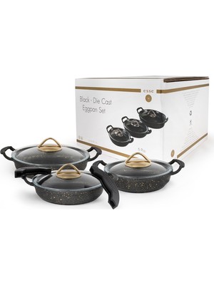 Esse Döküm Titanium 3K Cam Kapaklı Yumurta Sahan Set 6 Parça Siyah 18-20-22 cm