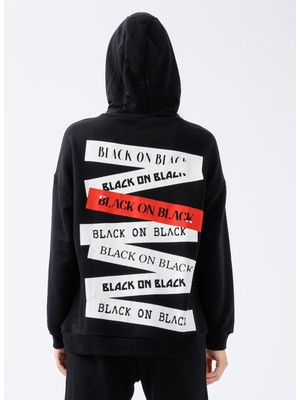 Black On Black Kapüşon Yaka Baskılı Siyah Kadın Sweatshirt K-Patro