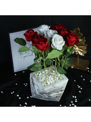 Mory Concept Kırmızı & Beyaz Güller 9 Adet Yapay Taş Saksı
