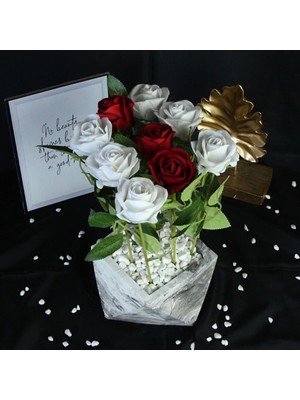 Mory Concept Çiçek Taş Saksı Kırmızı & Beyaz Güller 9 Adet Yapay Sevgiliye Hediye