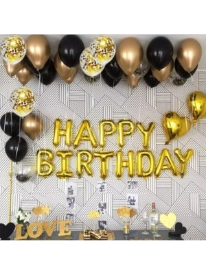 Çıtı Pıtı Store Happy Bırthday Gold Folyo Harf Balon Gold Krom Balon Pastel Siyah Balon Şeffaf Konfetili Balon Set