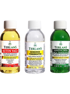 TerlanS Yağlı Boya Yardımcı Malzemeler Seti 3 x 100 ml Kokusuz Terebentin Keten Yağı Fırça Temizleyici