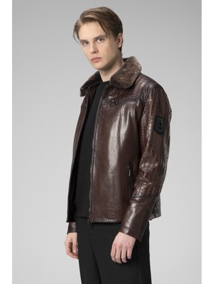 Dericlub WM249 Jumbo Yaka Kürklü  Deri Erkek Mont Fındık Renk XXL Beden Modern Tasarım