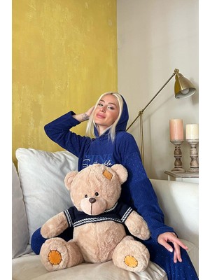 Pijama Evi Lacivert Think Desenli Kapşonlu Peluş Polar Pijama Takımı