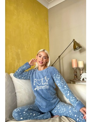 Pijama Evi Mavi Fly Desenli Kadın Peluş Pijama Takımı