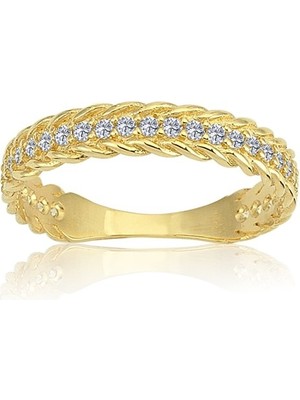 Fasek Gold Örgü Altın Yüzük - 14 Ayar Altın Tam Tur Örgü Zirkon Taşlı Kadın Yüzük - Anneler Gününe Hediye