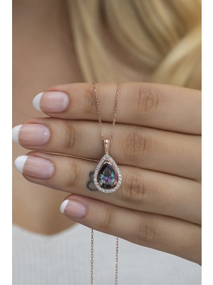 Nereze 925 Ayar Gümüş Mistik Topaz Taşlı Damla Tektaş Kolye