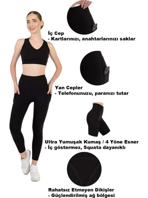 Novamour Ultra Yumuşak Yüksek Bel 3 Cepli Toparlayıcı Push Up Iç Göstermez Egzersiz Yoga Kadın Taytı