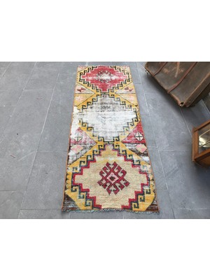 Kayra Export Türk Halısı, Eskitme Halı, Halı, 58X163 cm Sarı Halı,  Mutfak Halı, El Dokuma Merdiven Halı,  1493