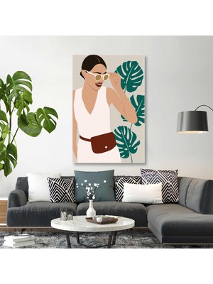 SML Tablo Yeşil Büyük Bitkiler Önünde Poz Veren Gözlüklü Çantalı Cool Kız Kanvas Tablo