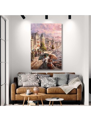 SML Tablo 1800LER Nehir Kenarında Gezen Şemsiyeli Kadınlar Manzara Kanvas Tablo