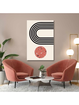 SML Tablo Mid Century Terazzo Kiremit Rengi Yuvarlak ve Siyah Çizgiler Minimal Kanvas Tablo
