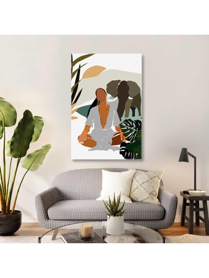 SML Tablo Doğada Yoga Yapan Halka Küpeli Afrikan Kadın ve Fil Kanvas Tablo