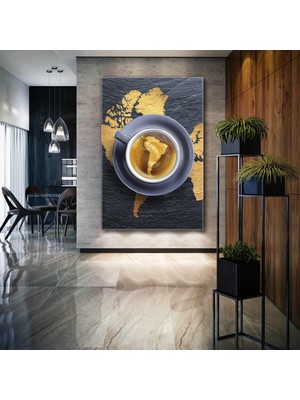 SML Tablo Altın Sarısı Dünya Haritası Üzerinde Kahve Bardağı Kanvas Tablo