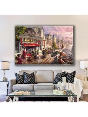 SML Tablo 1800LER Nehir Kenarındaki Hotel Önünden Geçen Insanlar Manzara Kanvas Tablo