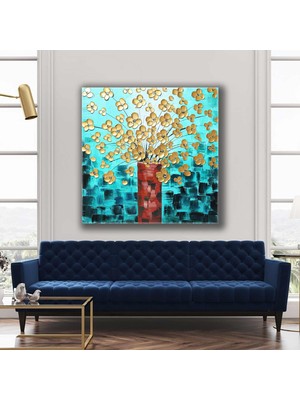 SML Tablo Altın Rengi Küçük Çiçek Vazosu Dekoratif Kanvas Tablo