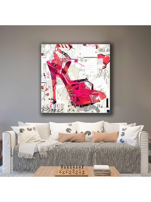 SML Tablo Pembe Topuklu Ayakkabı Dergi Kolajı Kanvas Tablo