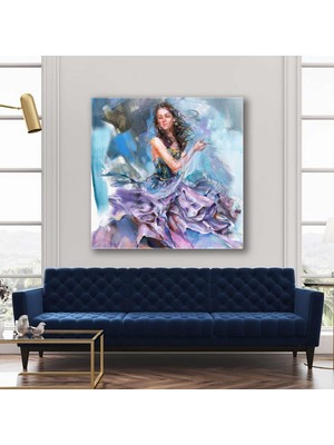 SML Tablo Mor Fırfırlı Altın Sarısı Detaylı Abiye Elbise Giyen Dans Eden Kadın Moda Kanvas Tablo