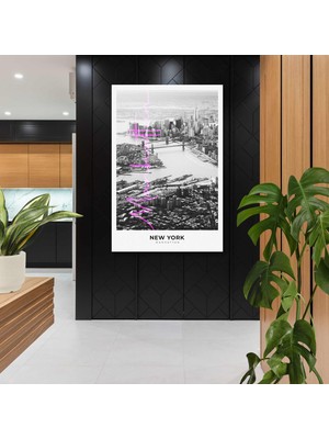 SML Tablo Newyork Manhattan Şehir Manzarası Neon Pembe Yazı Detaylı Kanvas Tablo