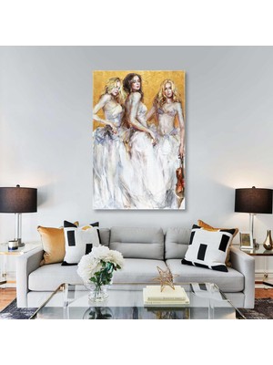 SML Tablo Yaldızlı Fon Önünde Poz Veren Beyaz Elbiseli Oryantal Üç Kadın Moda Kanvas Tablo