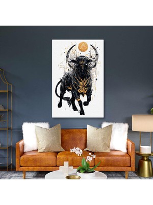 SML Tablo Yaldızlı Astrolojik Detaylı Siyah Mürekkep Boğa Kanvas Tablo