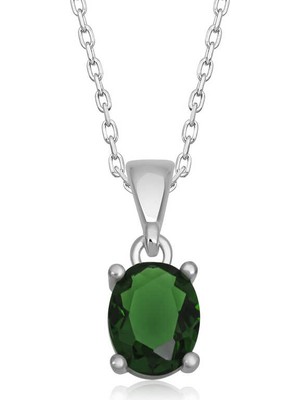 Gumush Gümüş Yeşil Kristal Oval Taşlı Kadın Kolye