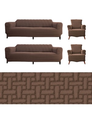 Faiend Streç Lastikli  Yıkanabilir Pamuklu 3+3+1+1 Tuğla Desen Jakarlı  Koltuk Örtüsü Takımı Koltuk Kılıfı