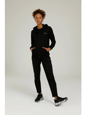 Lumberjack Kapsonlu Fermuarli Bayan Sweat Siyah Düz Renk Uzun Kol 2021 Sonbahar-Kış