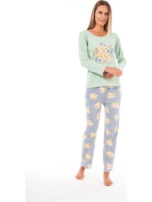 Estiva Patlı Yaka Desenli Uzun Kol Bayan Pijama Takım